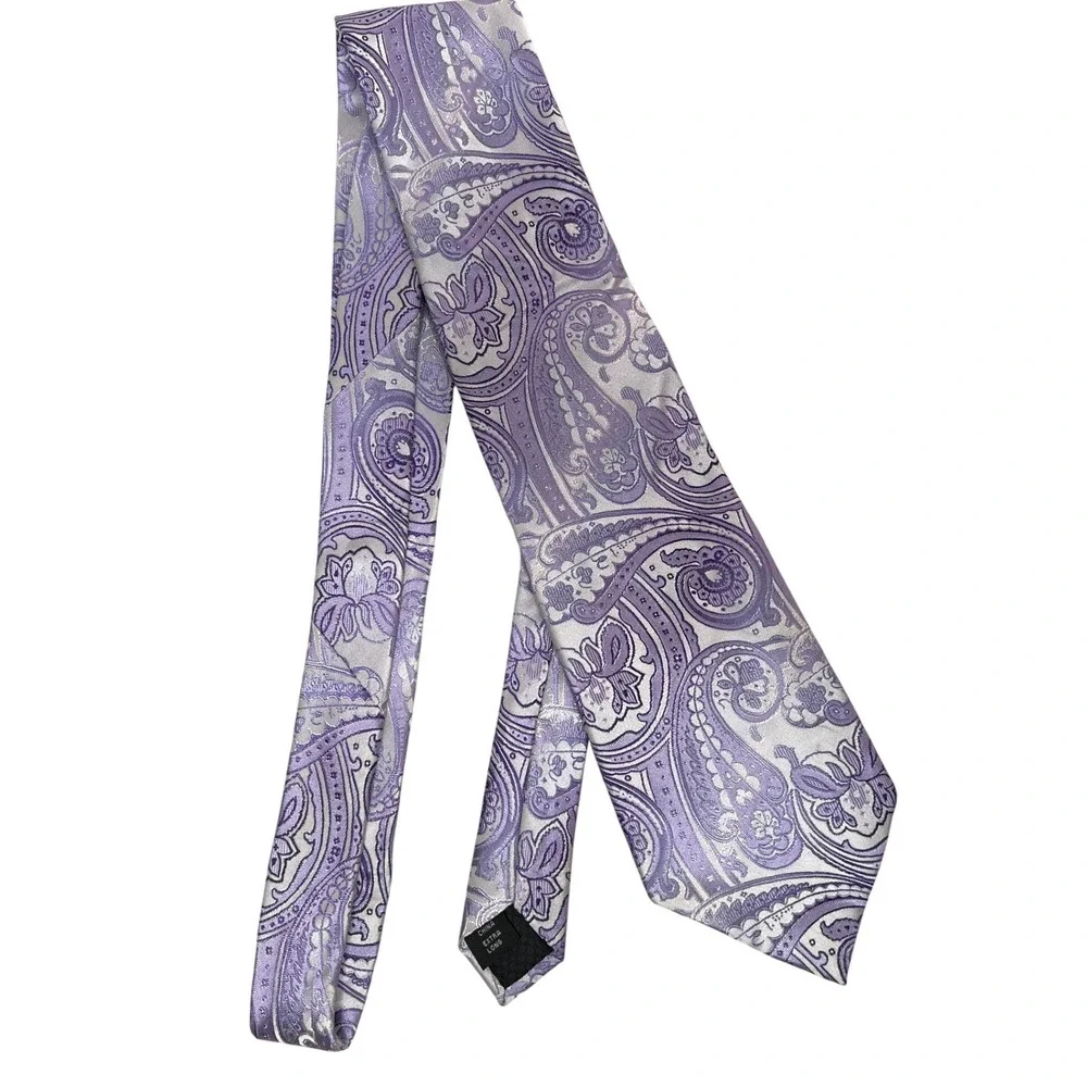 Sean John Tall Paisley Pattern Silk Blend Necktie Lavender Silver Formal